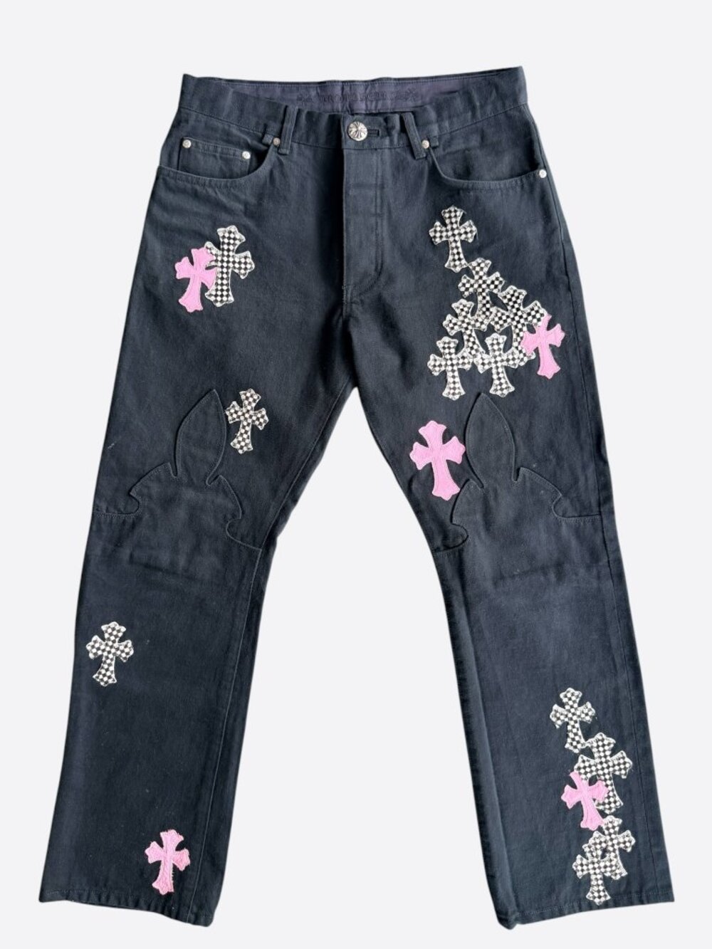 Chrome Hearts Black, Pink & Checkered Cross Patch Fleur Jeans